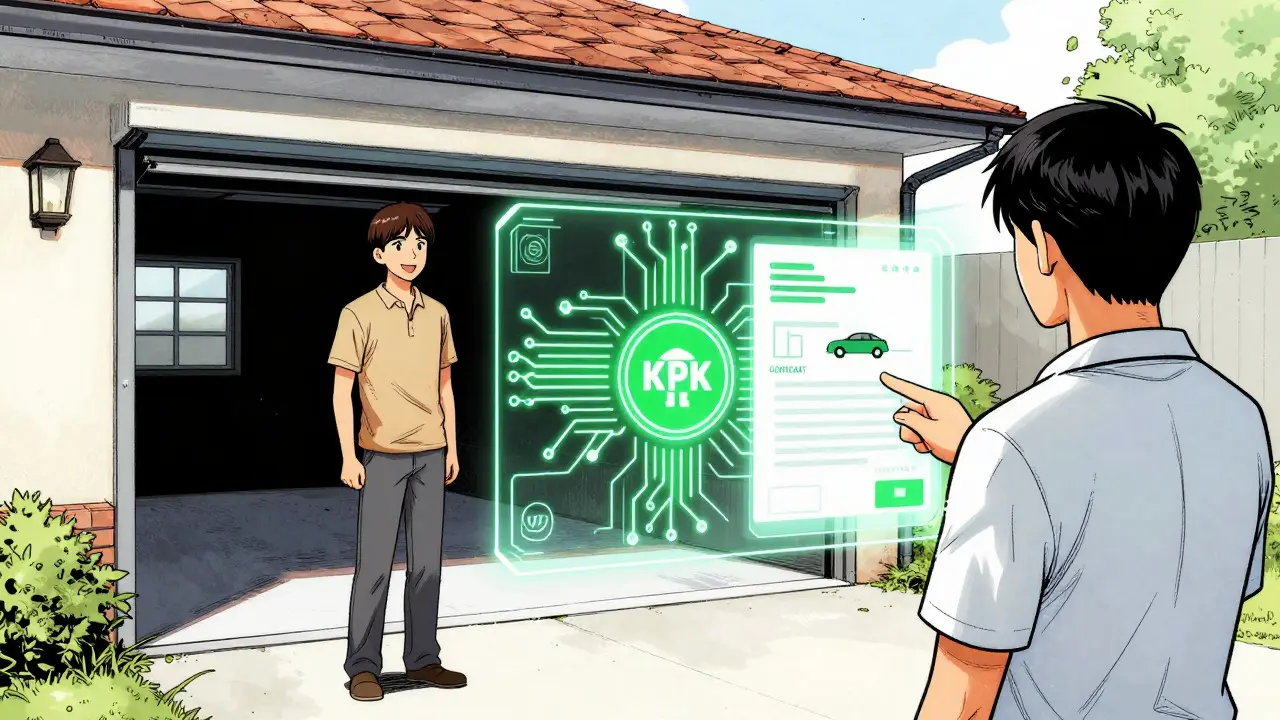 Manga illustration of peer-to-peer parking rental via smart contracts