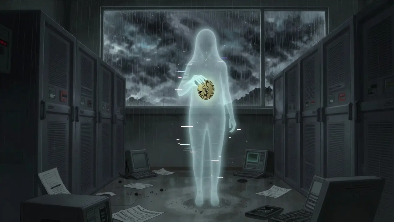 Manga scene of a pixelated ghost holding a cracking coin in a dusty room