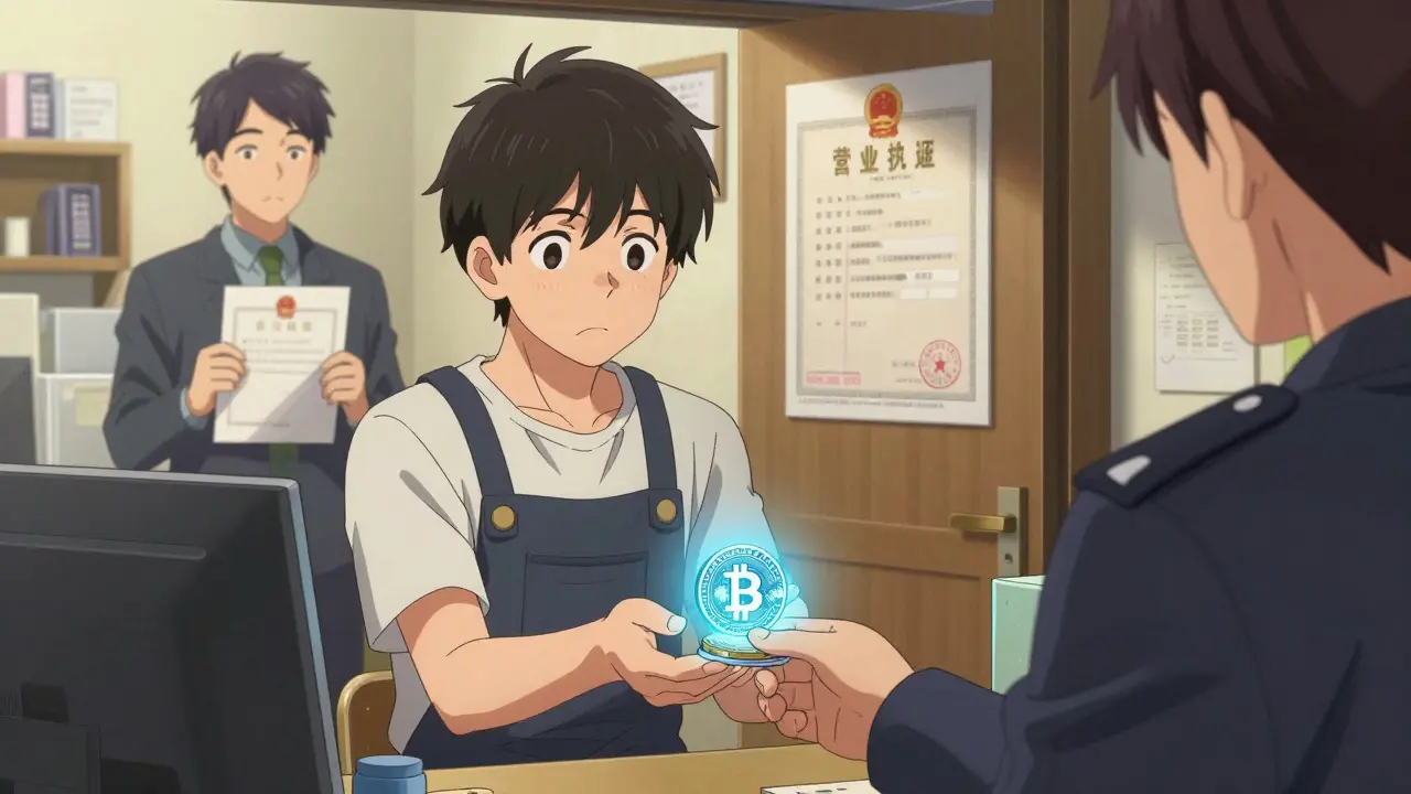 Manga scene of a shop owner accepting crypto payment while verifying partner licenses