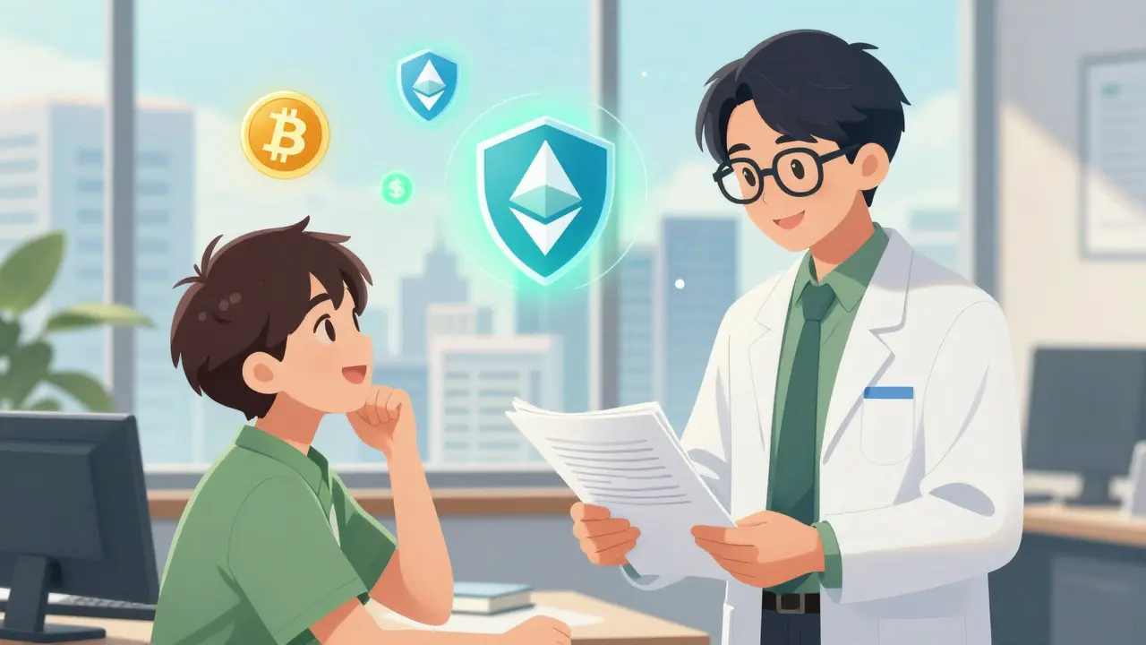 Manga scene of a tax advisor helping a client organize crypto records in a bright office