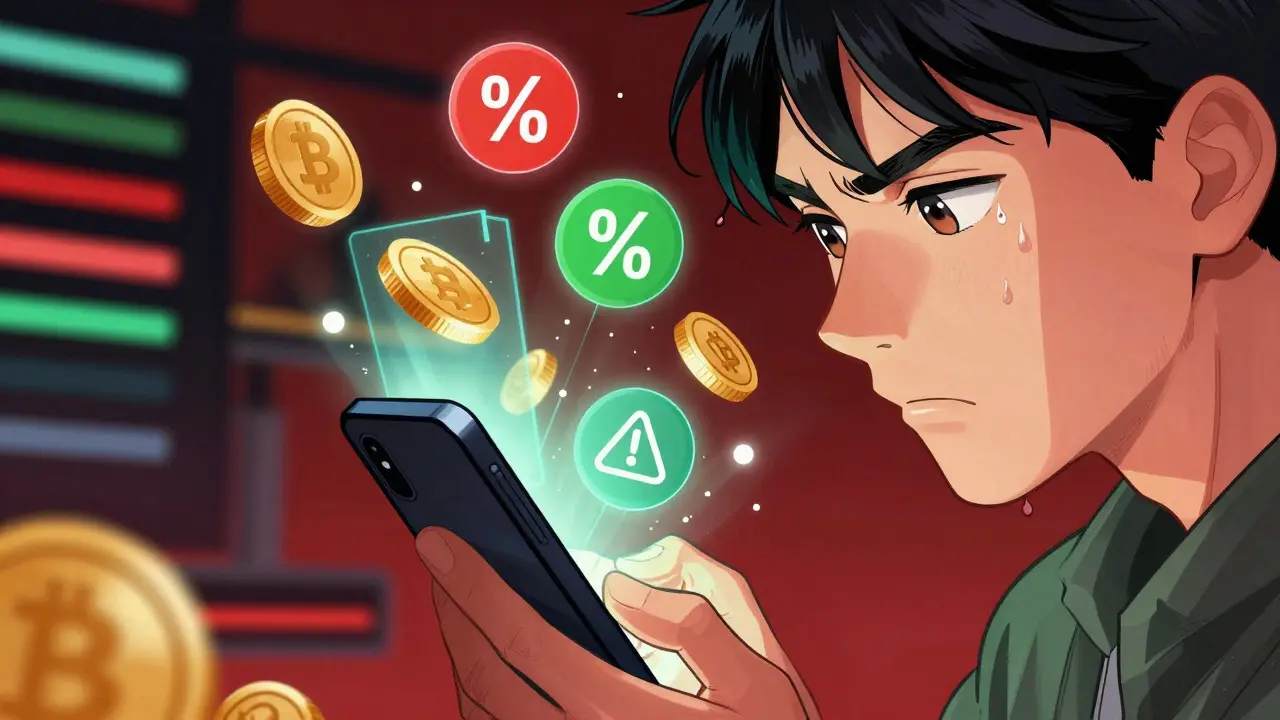 Manga-style close-up of a person deciding on a crypto investment via smartphone