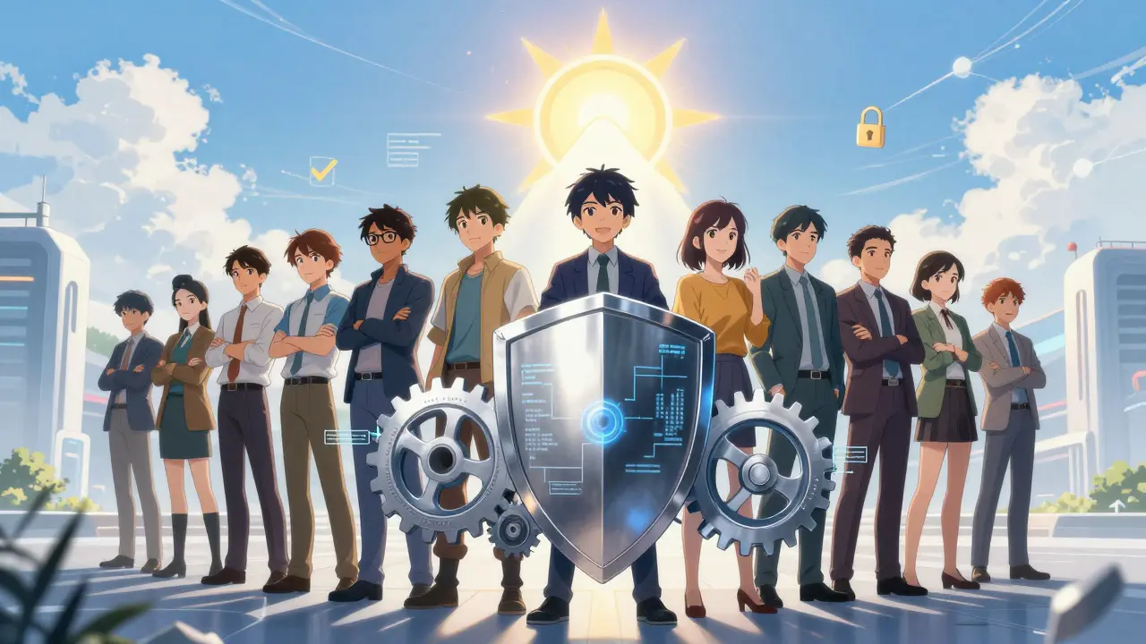 Manga style image of developers protected by a futuristic security shield
