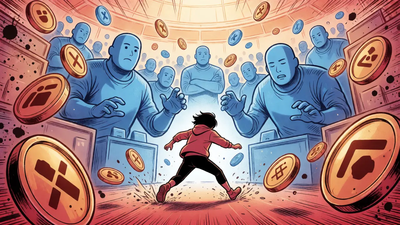 Sci-fi manga arena showing a small trader navigating past giant competitors.