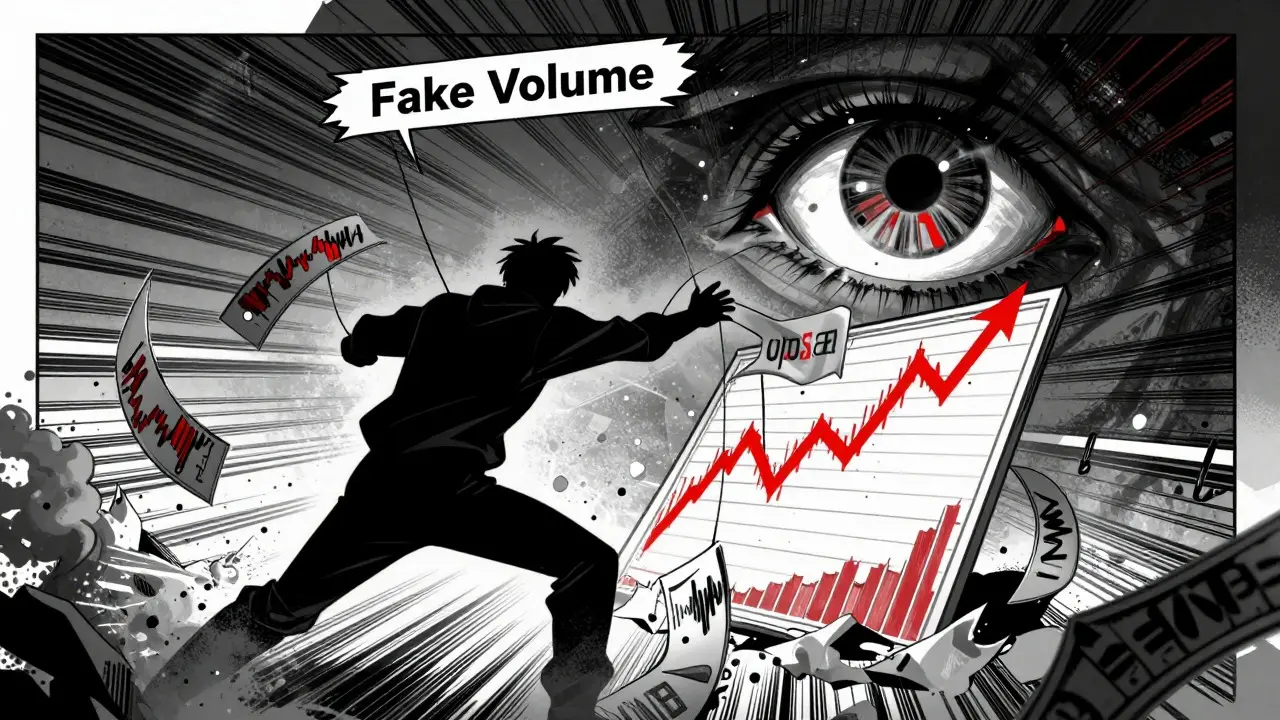 Shadowy figure manipulating fake stock charts in dramatic manga style