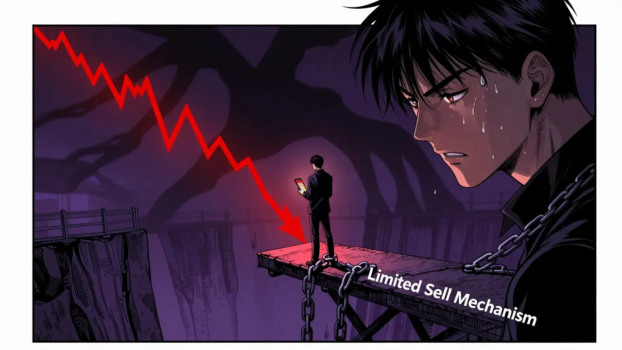 Trader facing crypto volatility and selling limits, manga