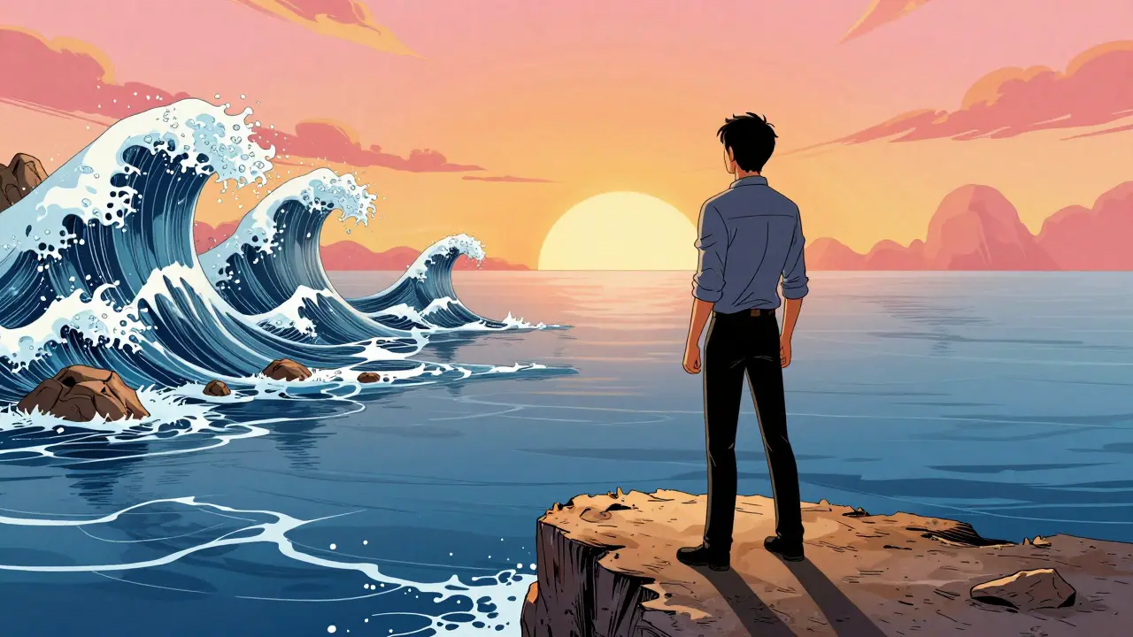 Trader standing on a cliff looking away from turbulent waves toward a calm sea