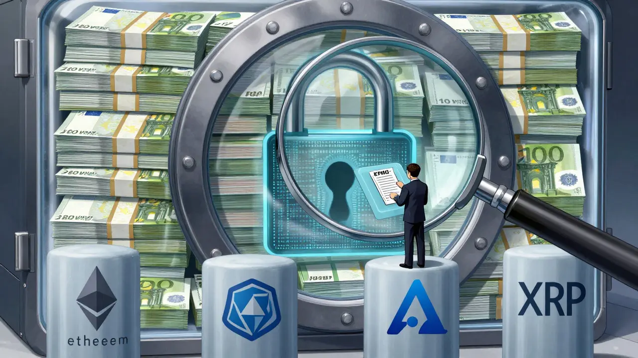 Transparent vault with euro reserves being audited, supported by blockchain pillars