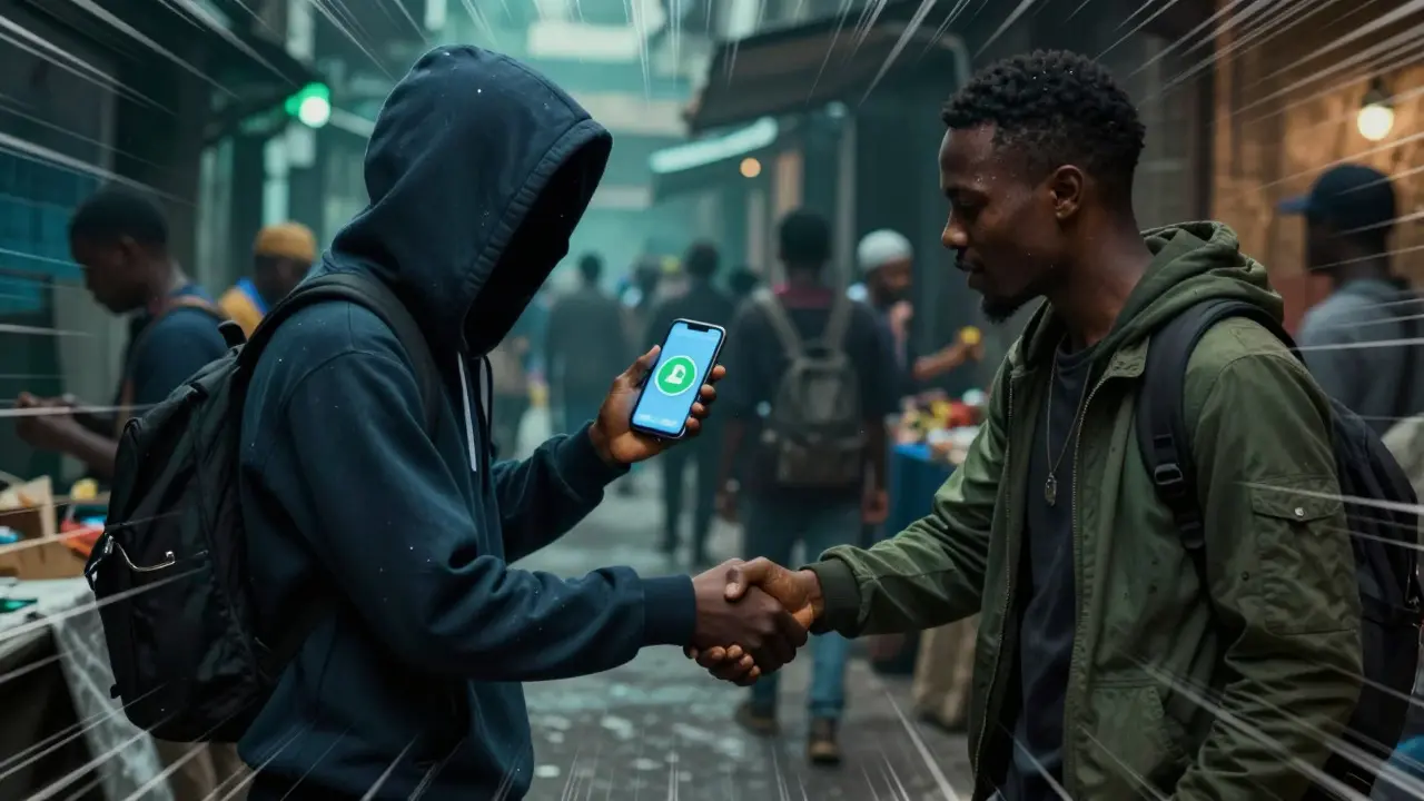 Underground P2P crypto exchange in a shadowy urban alleyway.