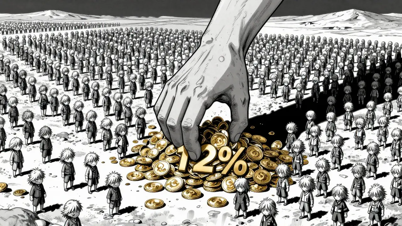 Visual metaphor of massive BALA token supply and the 12% transaction fee trap.
