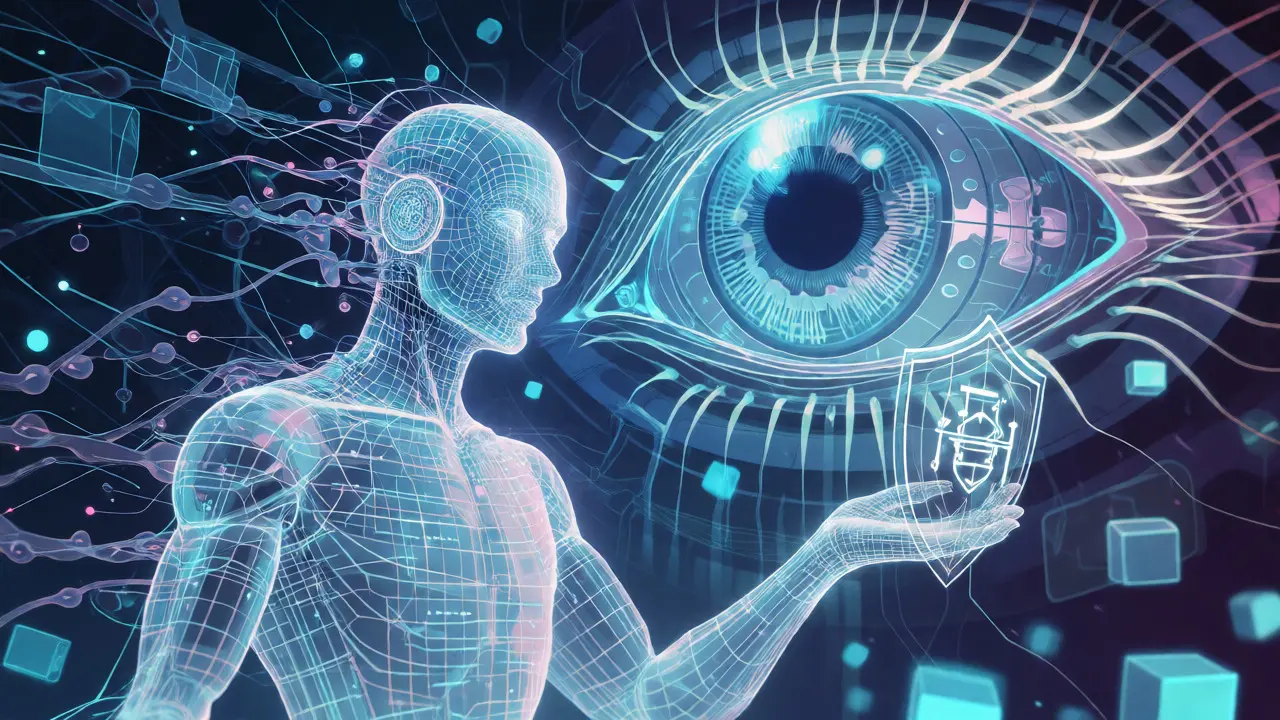 AI figure holding a cryptographic shield amidst neural network visuals