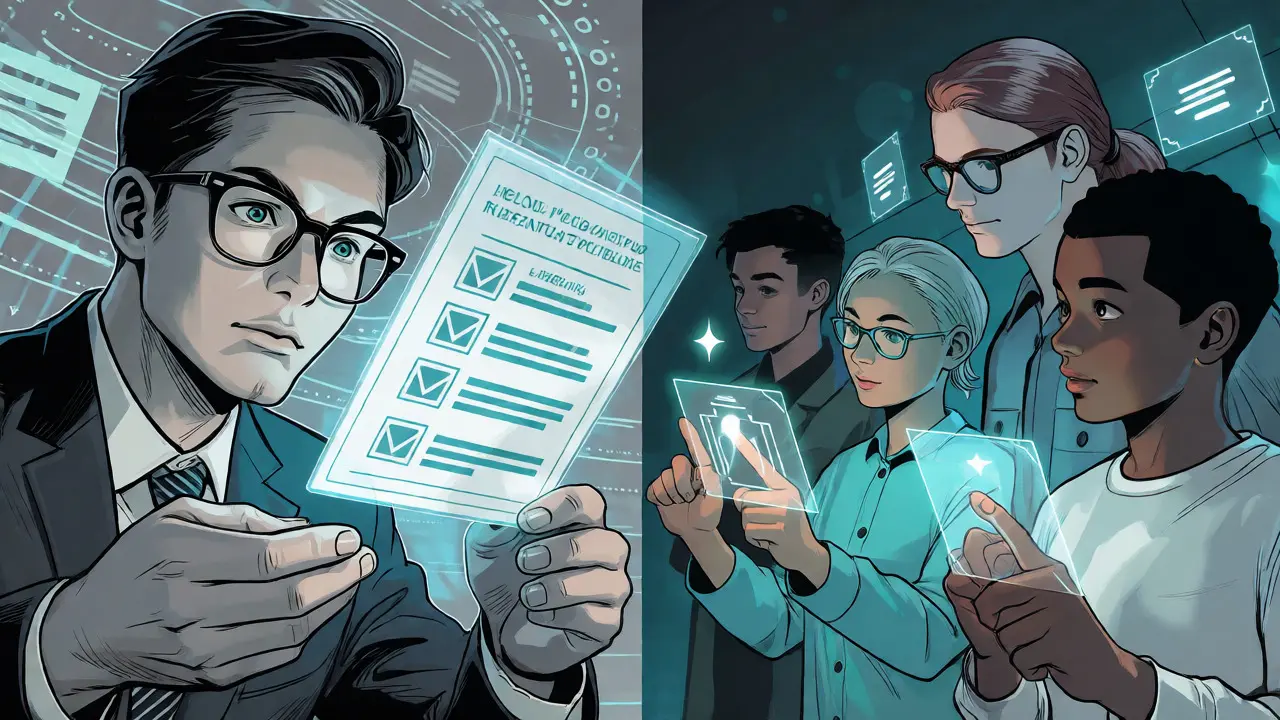 Analyst checking holographic checklist while users interact with contracts
