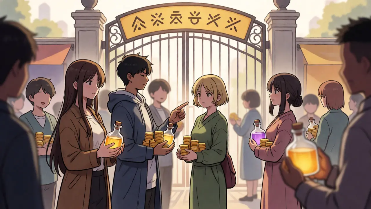 Anime avatars queuing to claim NFT rewards at a virtual portal.