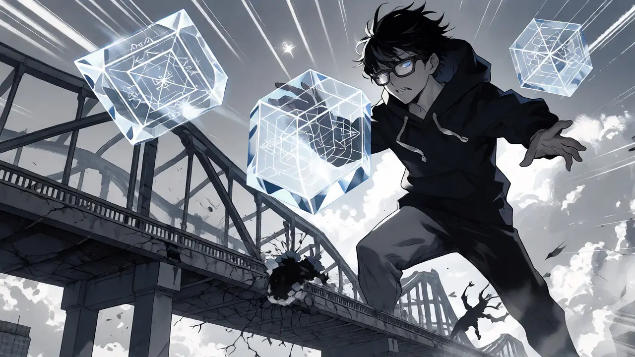 Anime character manipulating glass-like cryptographic proofs above a cracking bridge.