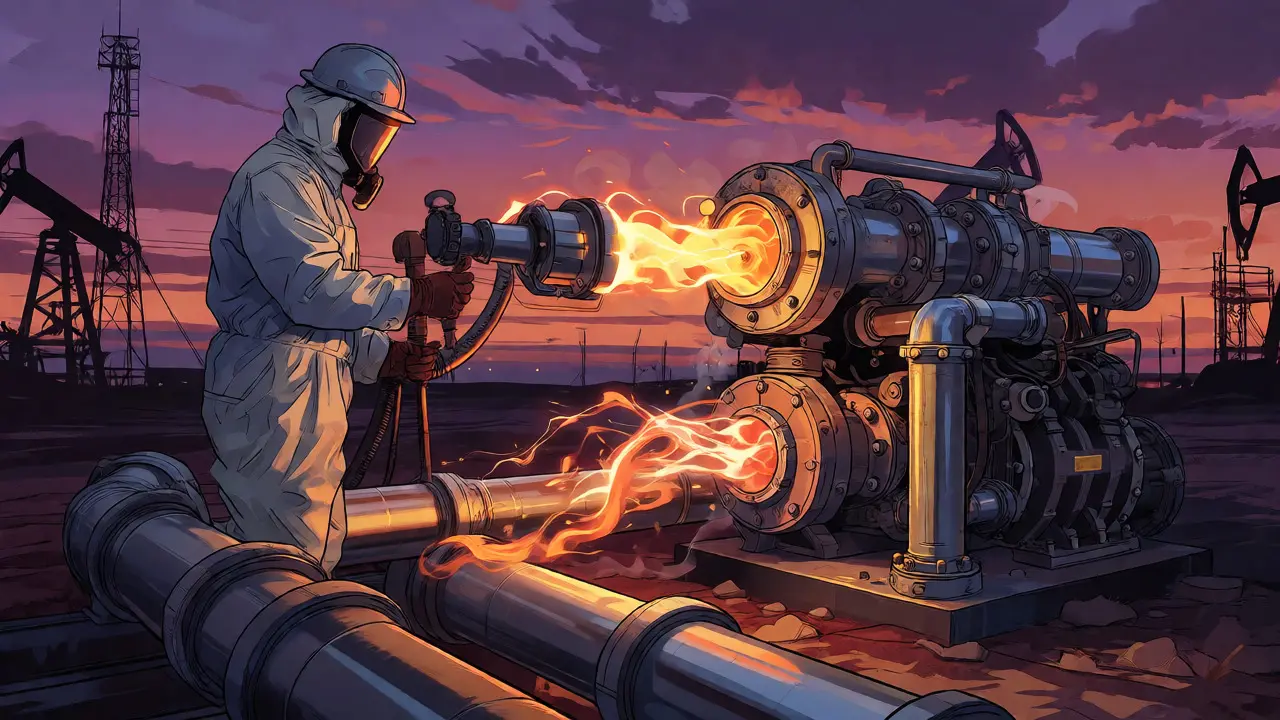 Anime depiction of flare gas capture powering mining rigs at dusk