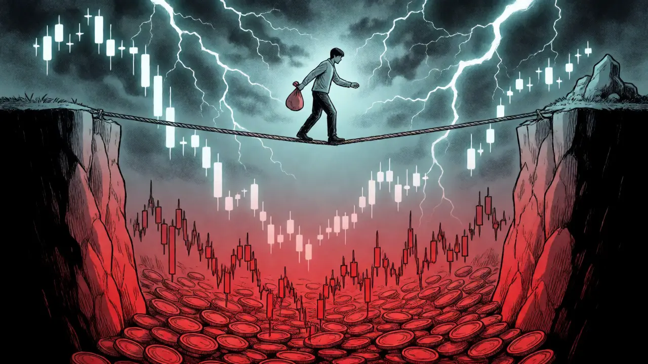 Anime tightrope walker balancing on concentrated liquidity price range over volatile market.