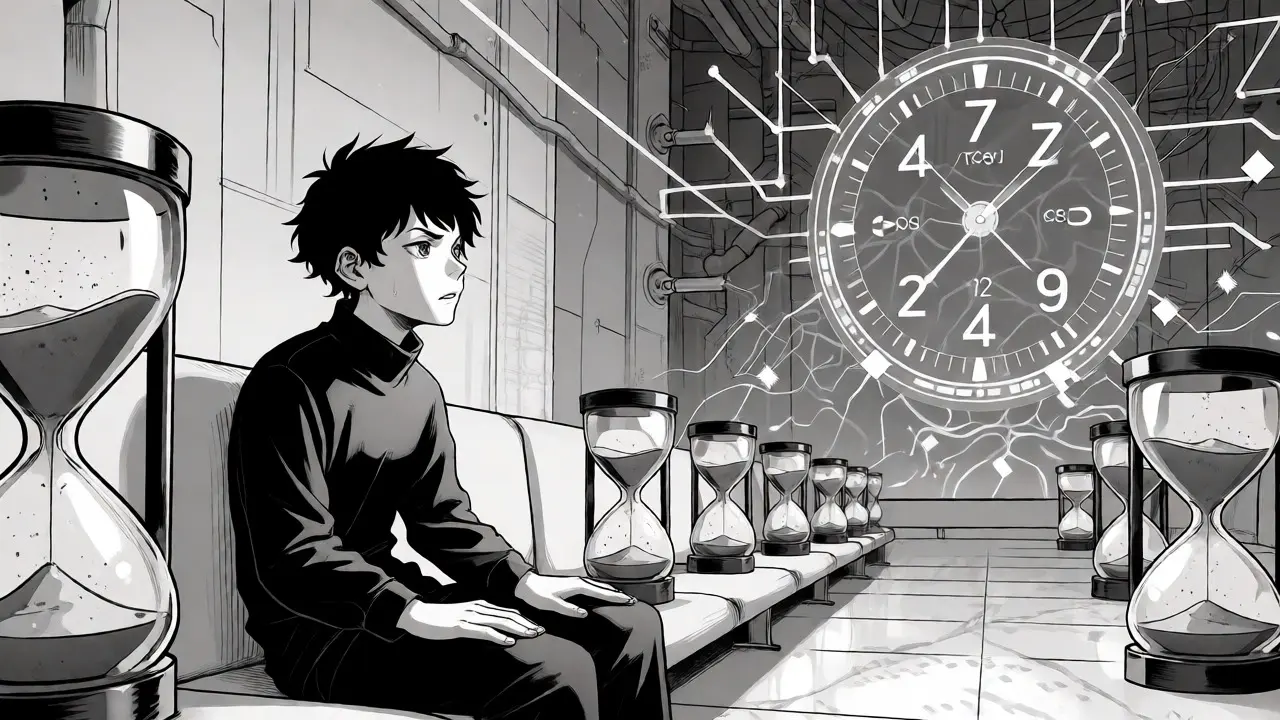 Anxious anime figure waiting beside a seven-day countdown timer in a futuristic room.