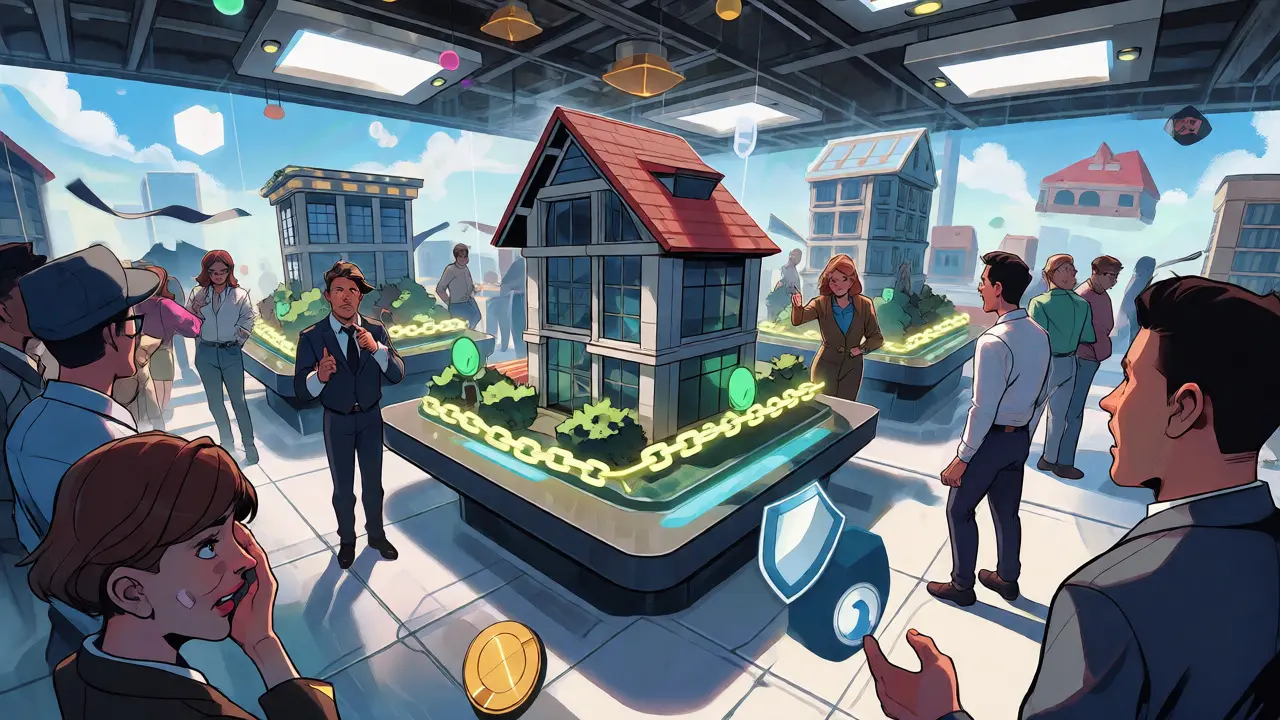 Avatars trading architectural assets in a vibrant digital marketplace