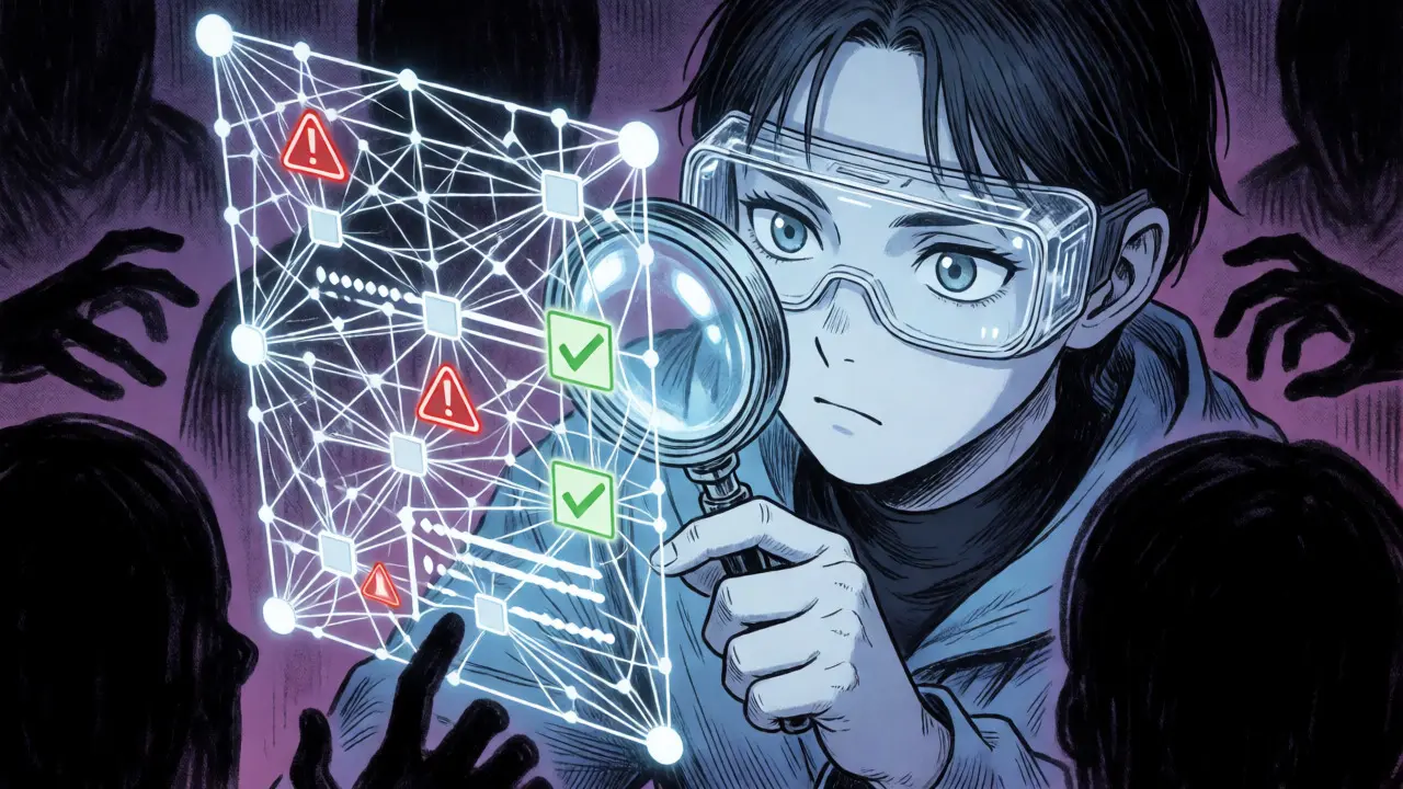Character inspecting a complex smart contract web to identify scams in a manga style.