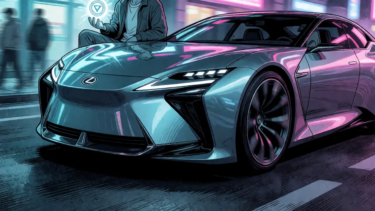 Character with luxury car and glowing token in neon-lit virtual street