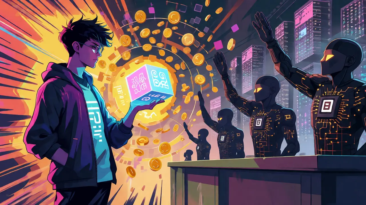 Digital auction scene showing developers and operators trading computing power