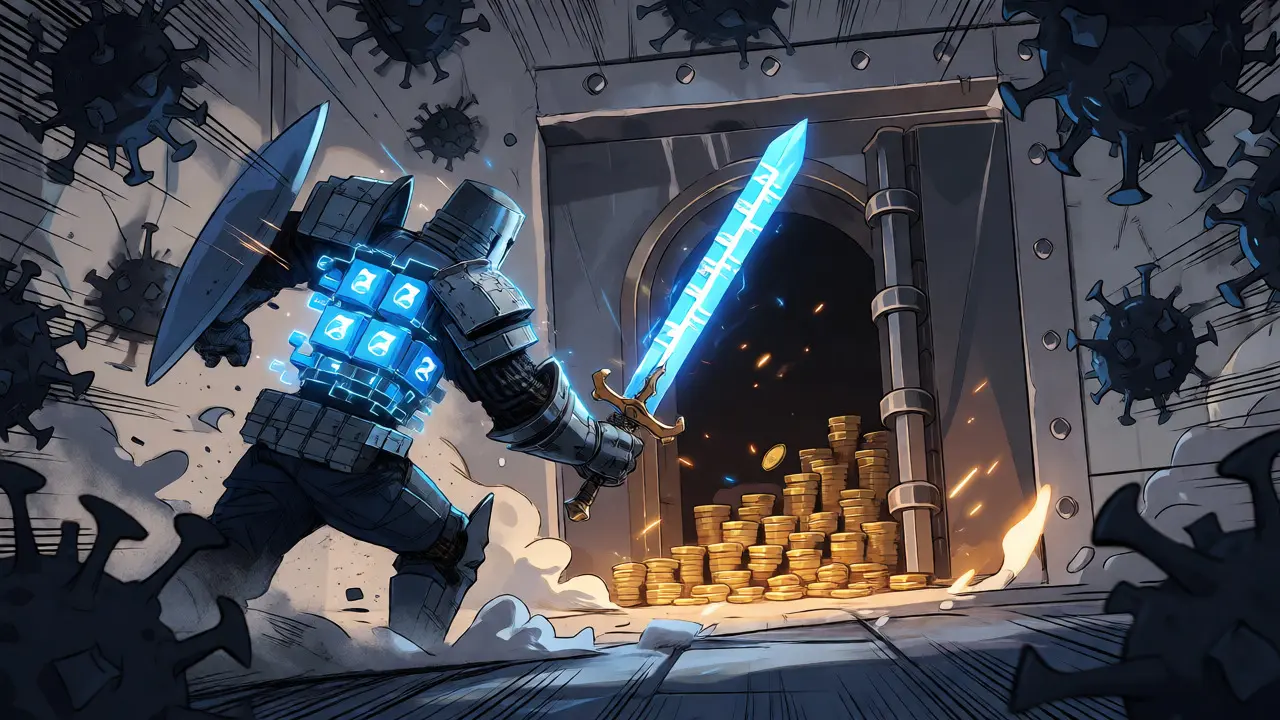 Digital knight fighting virus monsters to protect crypto vault