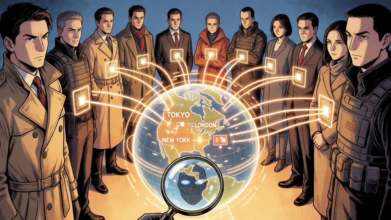 Eleven international agents connect via data lines over a holographic world map.