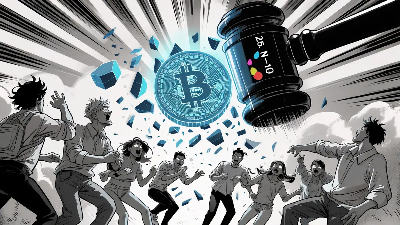 Gavel smashing a Bitcoin coin, shocking citizens as new laws crash down.