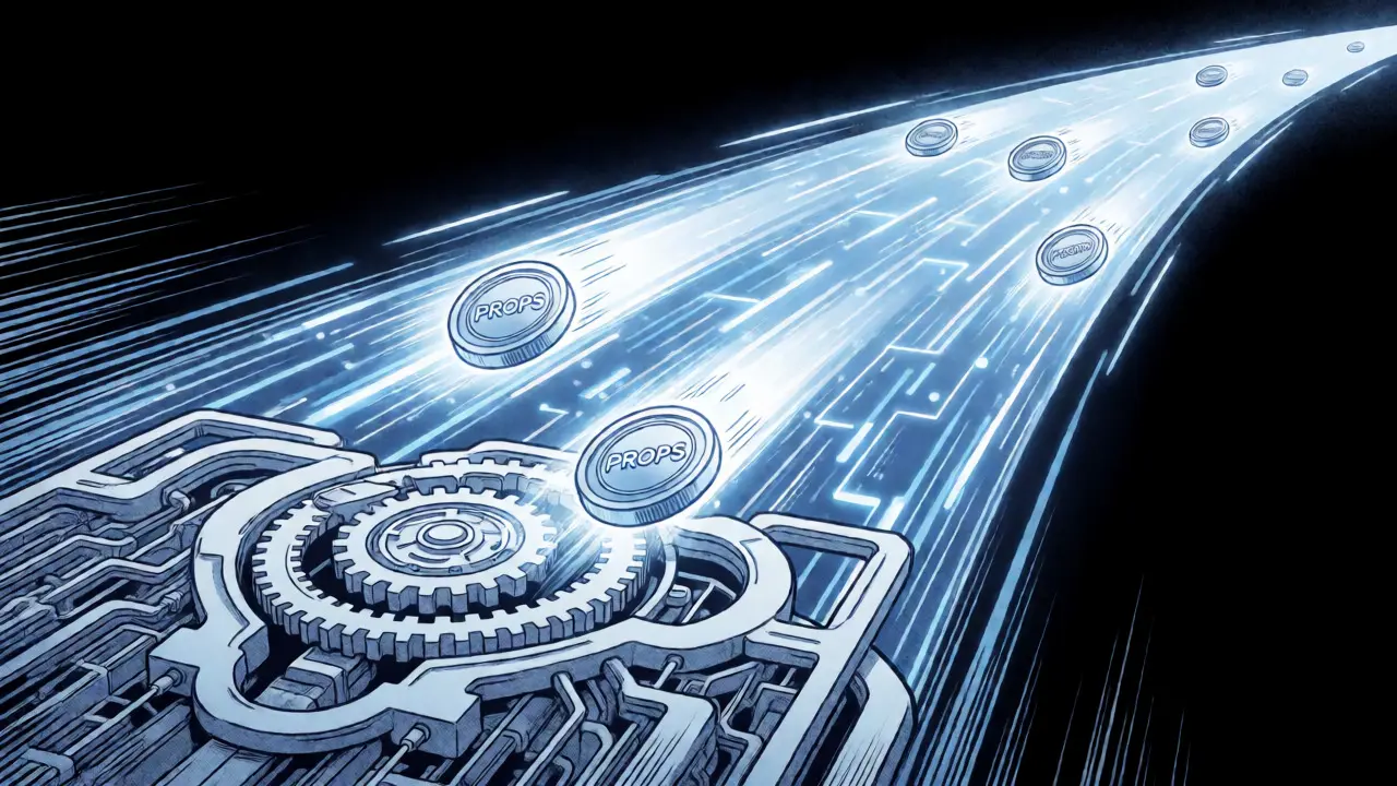 Glowing tokens moving fast along a blue blockchain data highway