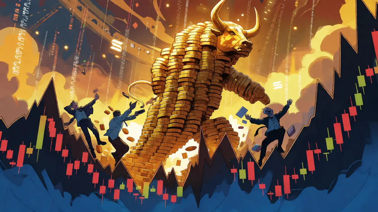 Golden bull made of coins charging up a volatile stock market mountain range.