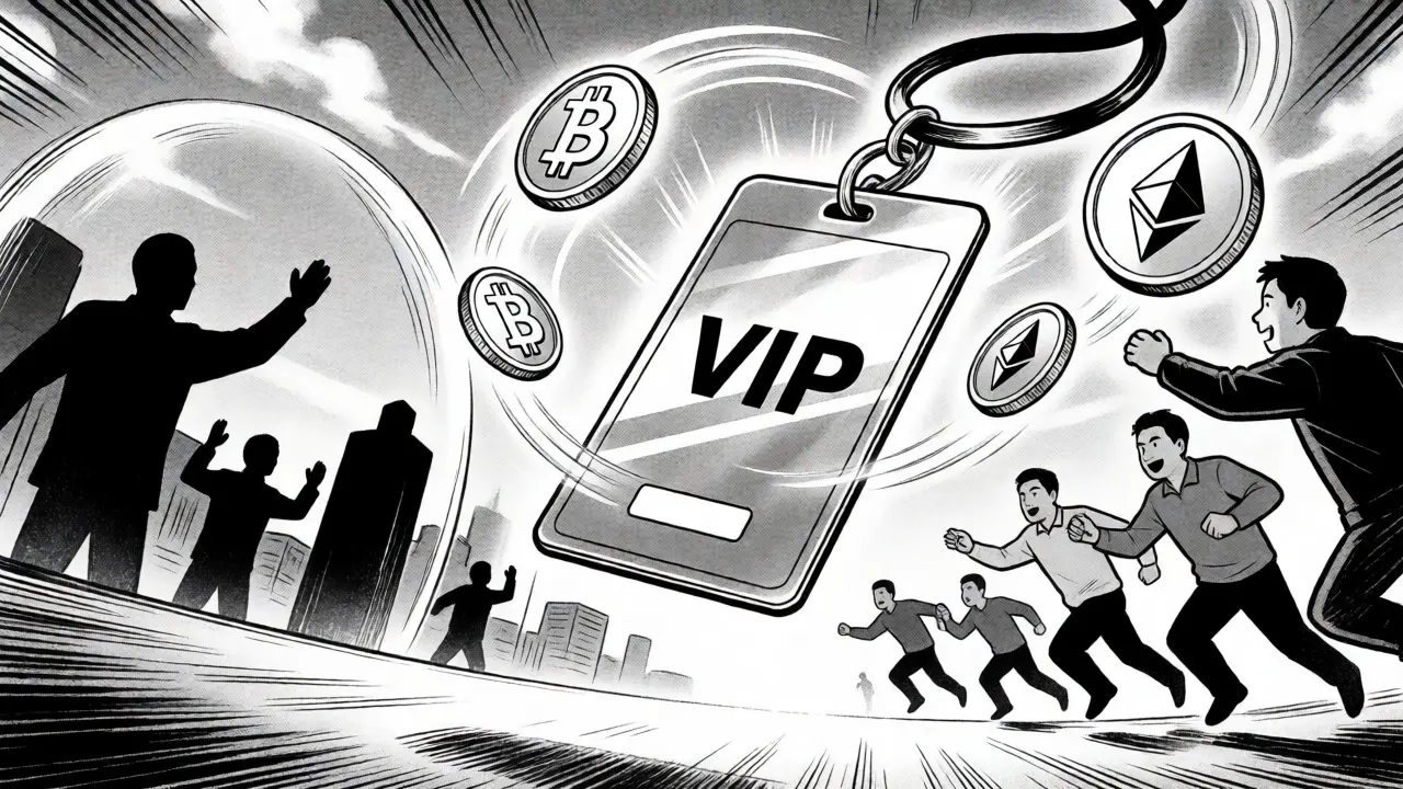 Golden VIP pass attracting crypto traders while repelling foreign entities in manga art.