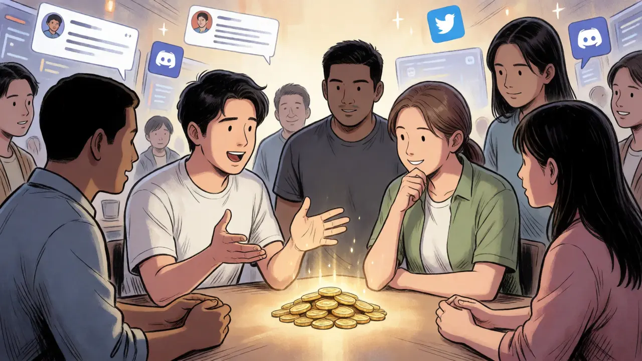 Group of anime characters discussing modest crypto rewards in a community setting.