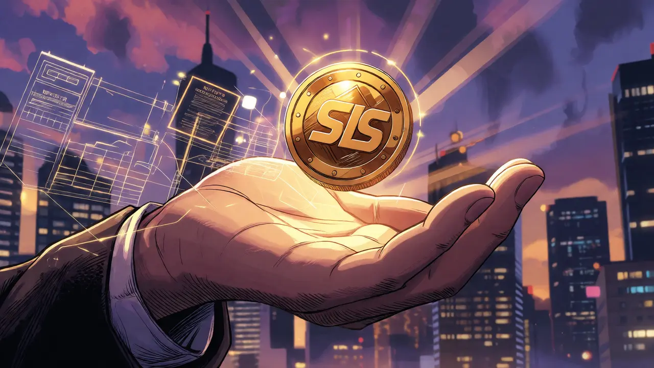 Hand holding glowing STLS token surrounded by digital blueprints