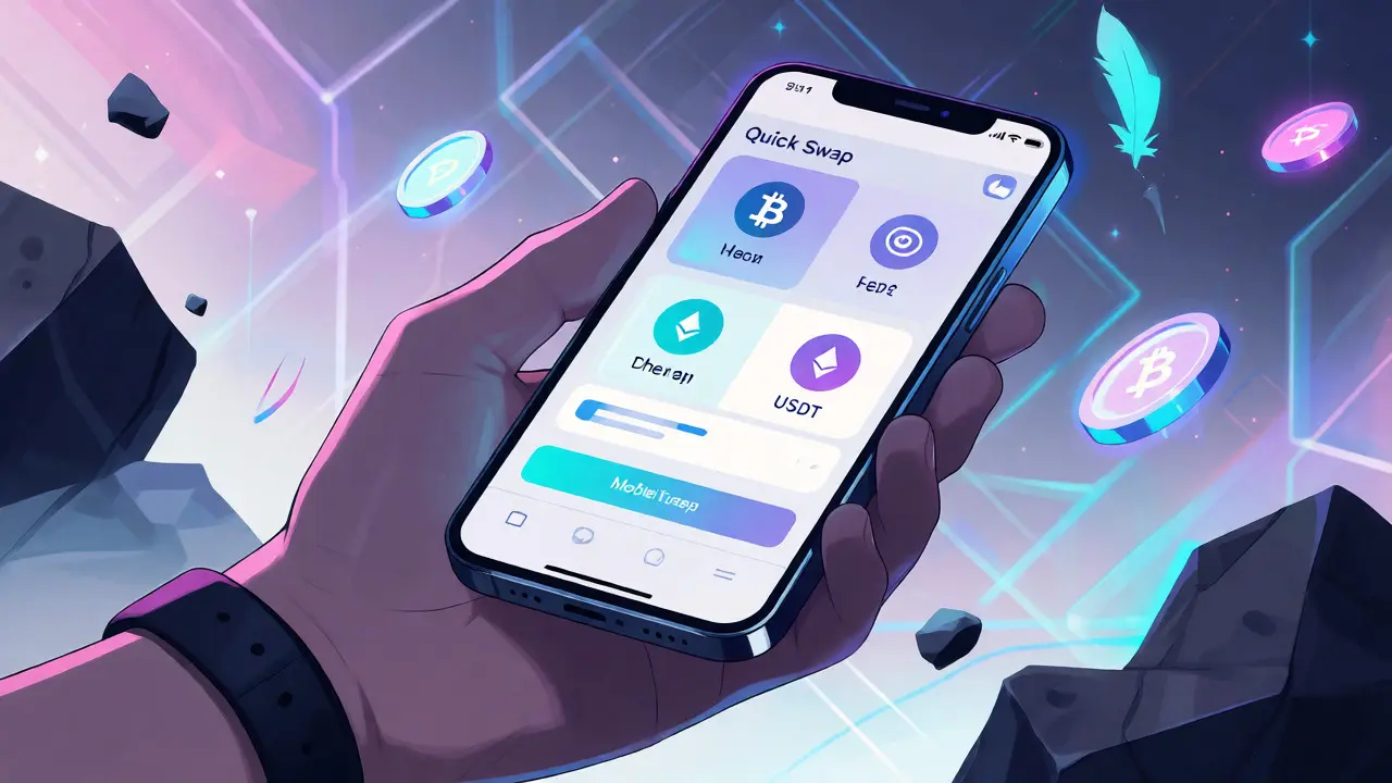 Hand holding smartphone showing simple crypto app interface with floating fee indicators.