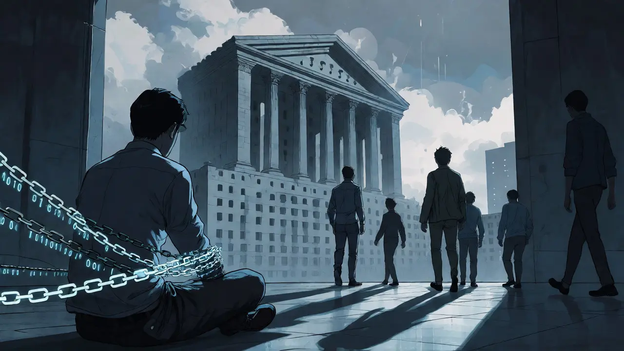 Lone figure chained by data streams, looking at a fortress-like bank in isolation.