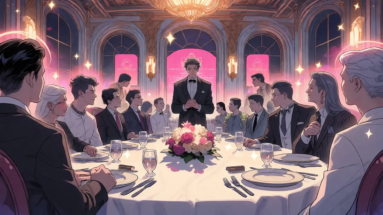 Luxurious futuristic dinner party with elite crypto investors and a central host.