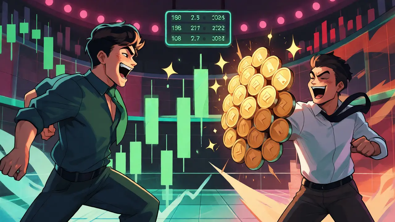 Manga characters battling with trading charts and coins