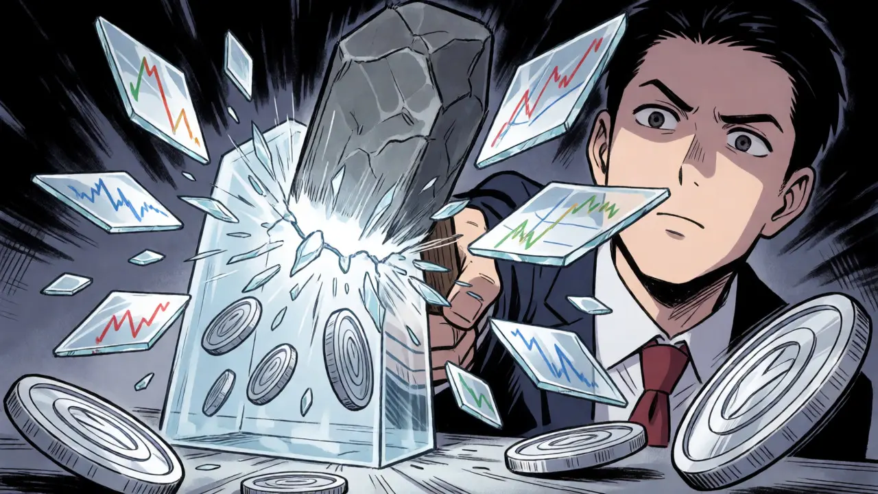 Manga illustration of withdrawal crystallizing impermanent loss into permanent coin shards.