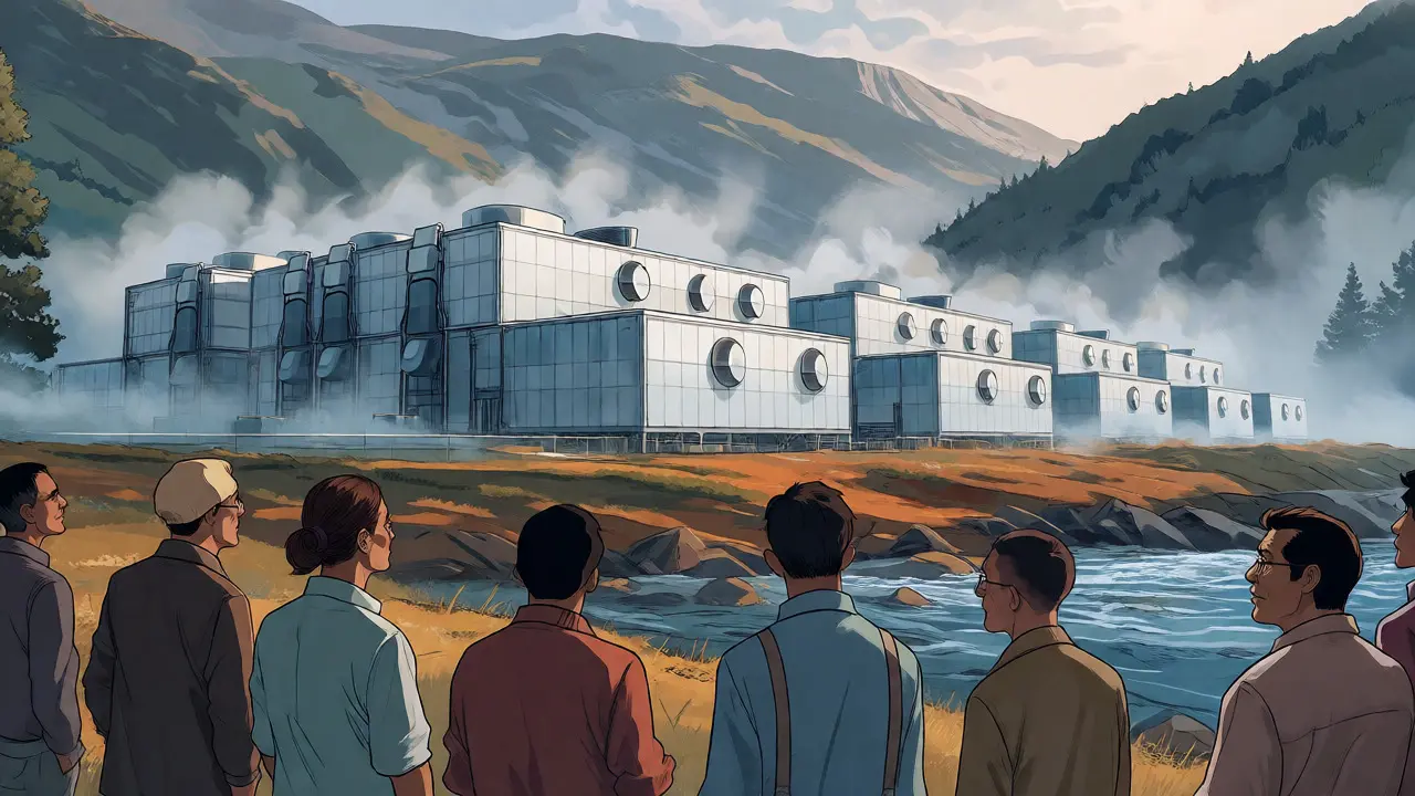 Manga scene of a hydro-nuclear data center with community observers