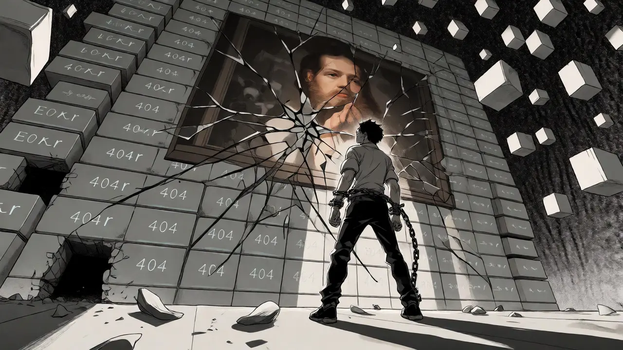 Protagonist watching a digital artwork shatter due to broken links