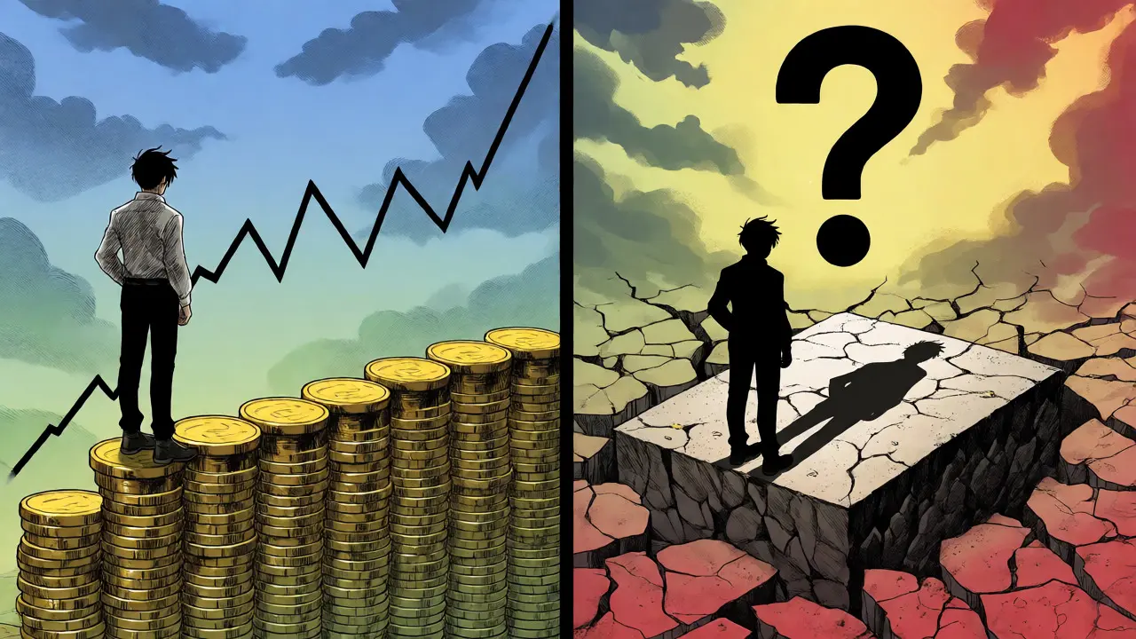 Split composition showing stable crypto gains versus regulatory risks in manga art.
