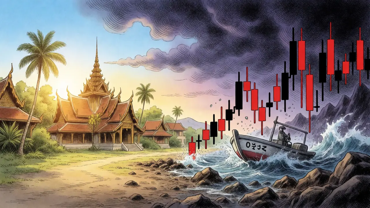 Split scene of calm real estate vs volatile crypto market storms