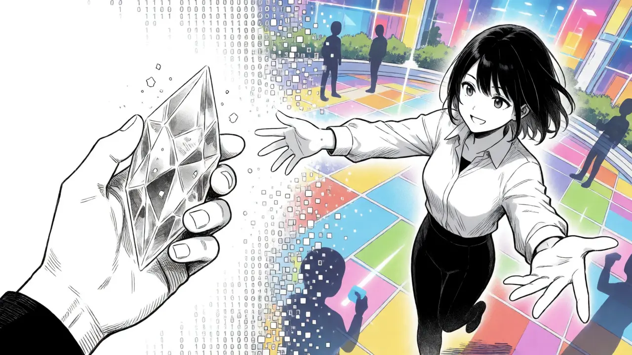 Split-screen manga art linking physical wallet to virtual avatar
