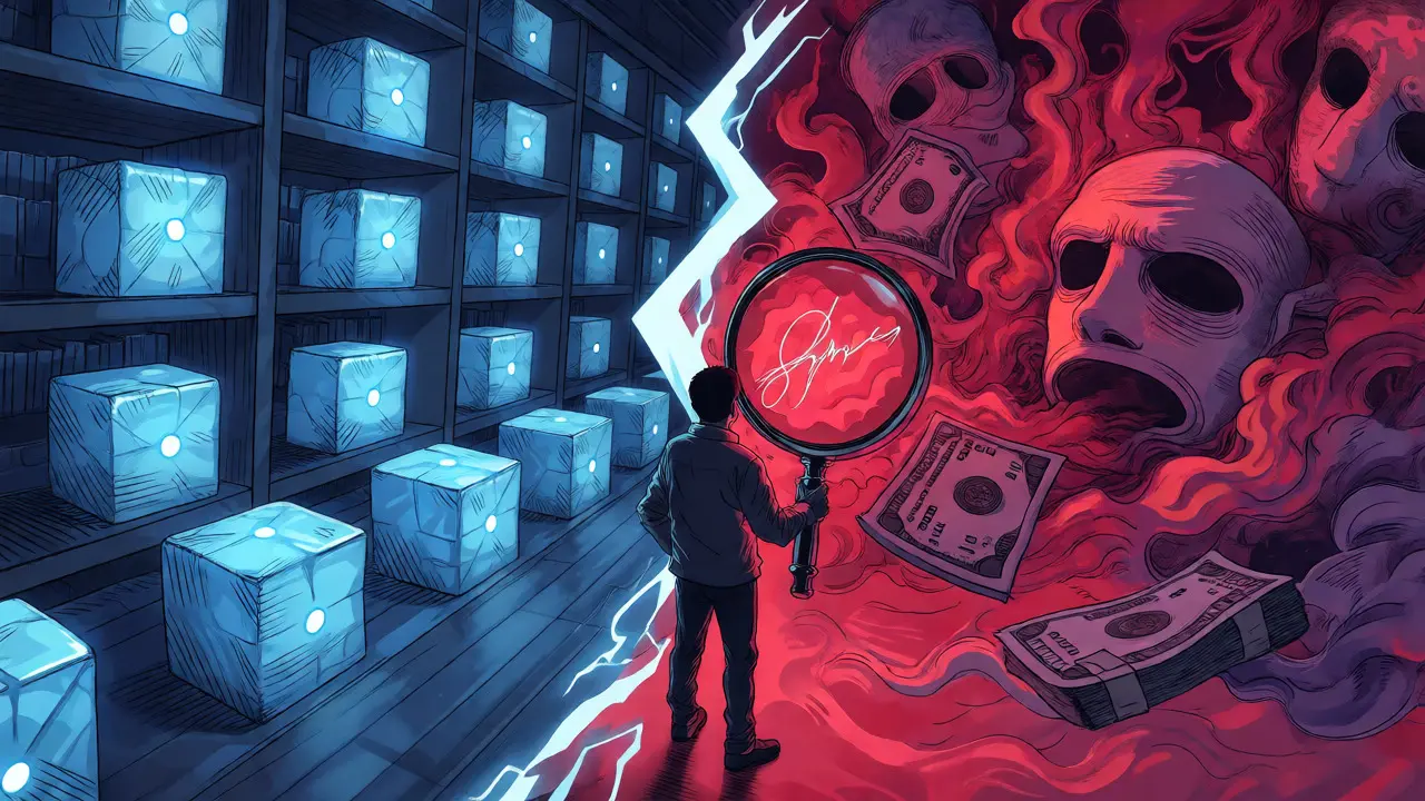 Split view contrasting stable blockchain records with chaotic scams