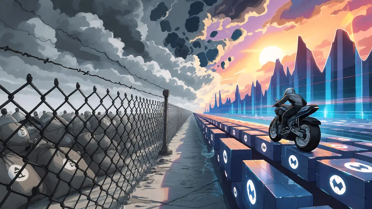 Split view of slow traditional banking chains versus a fast crypto highway under a stormy sky.