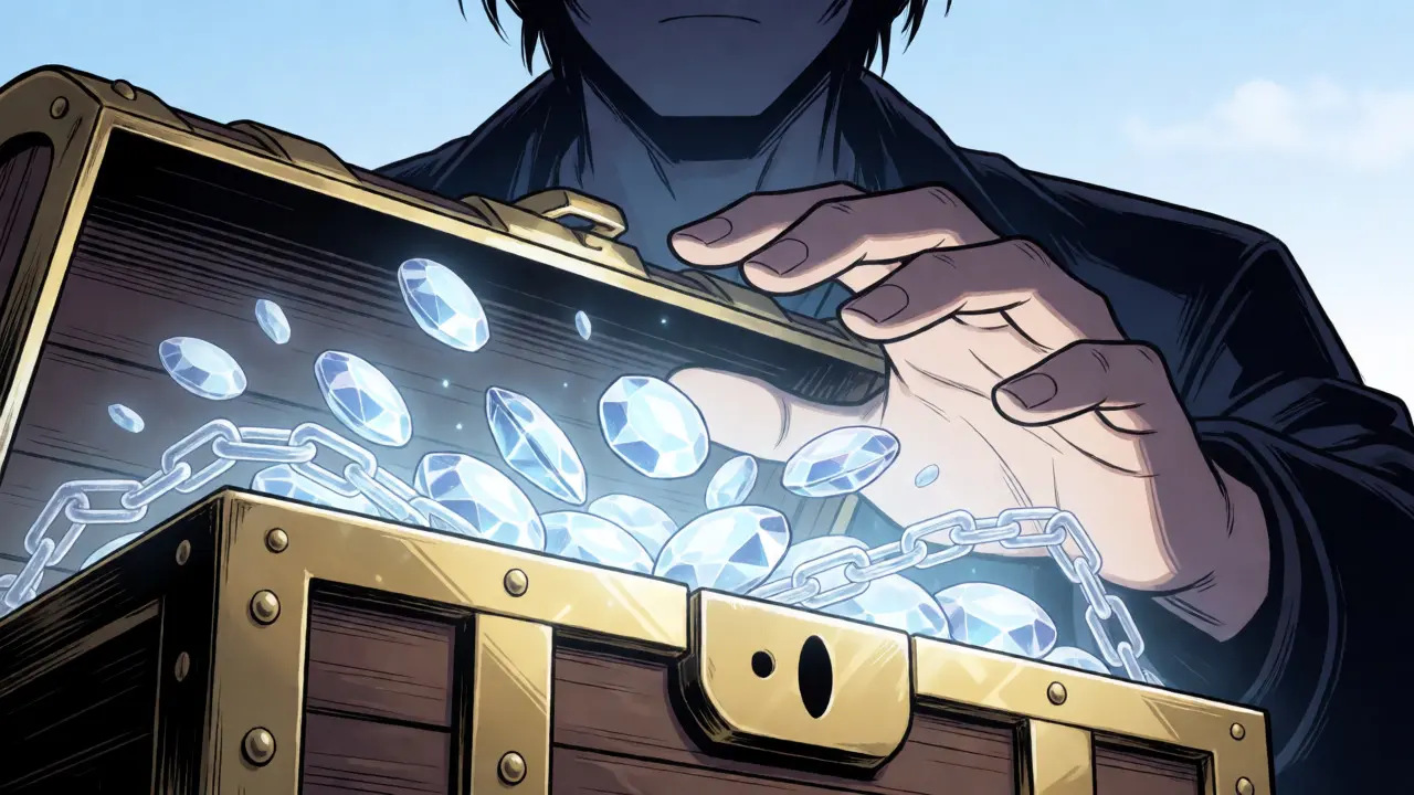 Treasure chest releasing glowing tokens with vesting chains in manga art