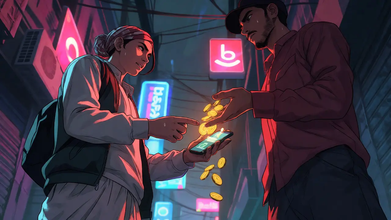 Two figures exchanging cash for digital coins in a dimly lit alleyway at night.