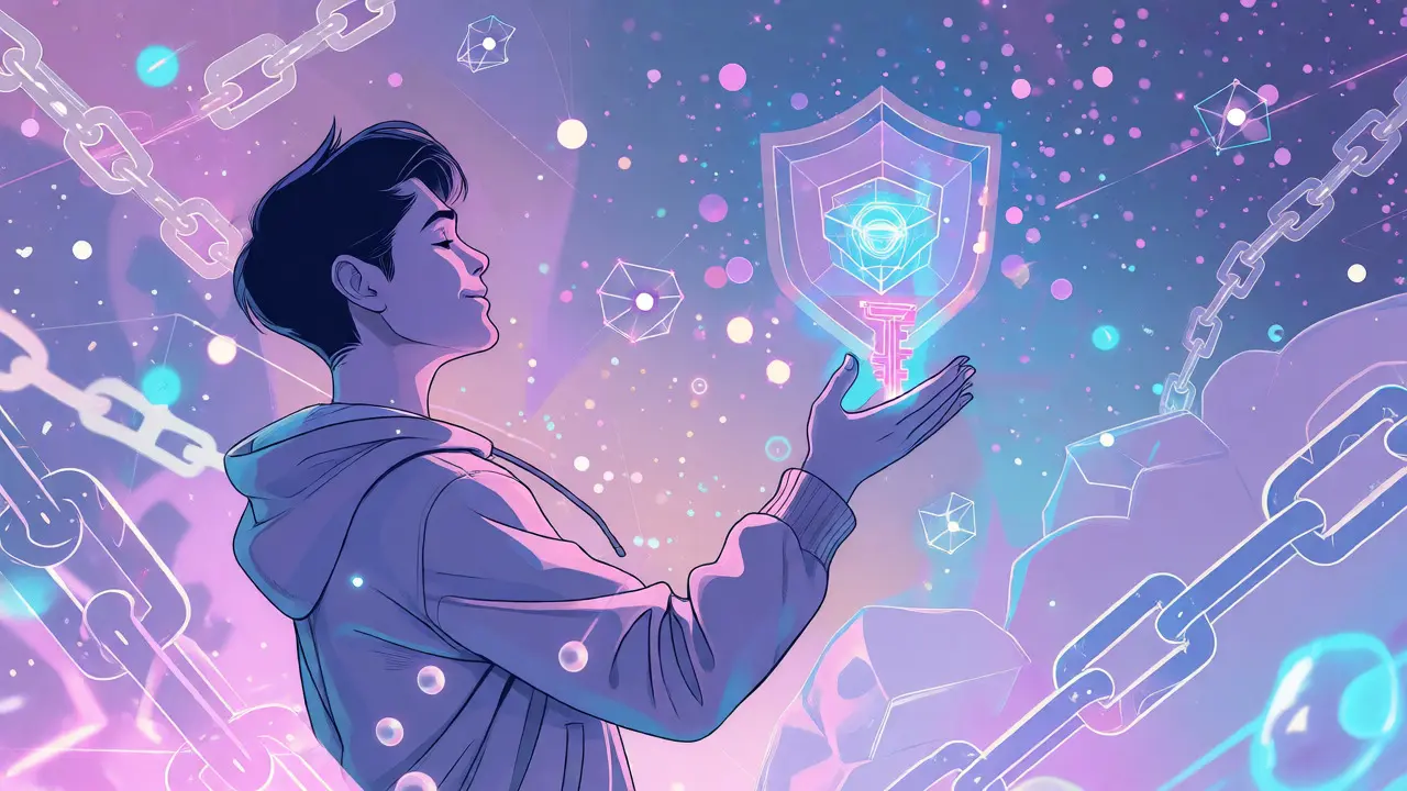 User holding digital key amidst decentralized blockchain network nodes