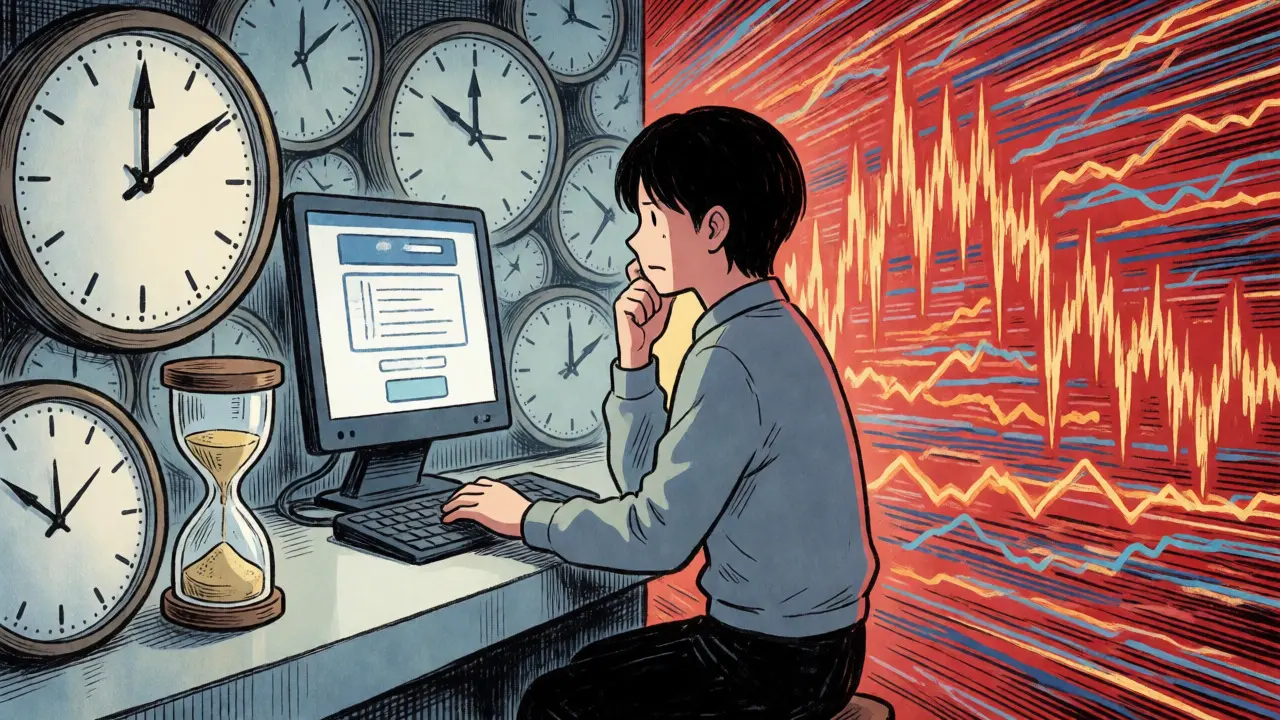 User waiting for slow wire transfers while crypto markets fluctuate wildly