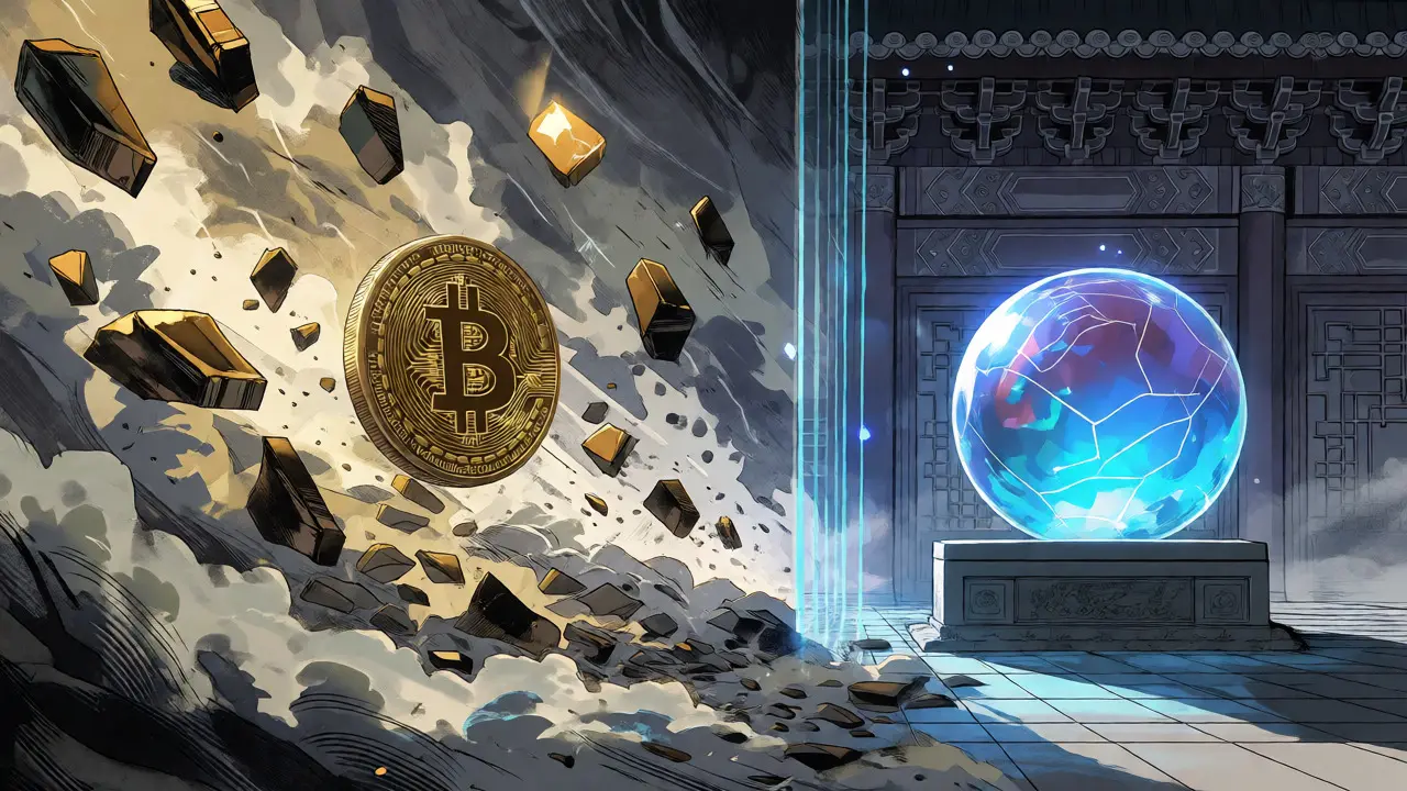 Visual contrast between chaotic Bitcoin shards and the orderly Digital Yuan orb.