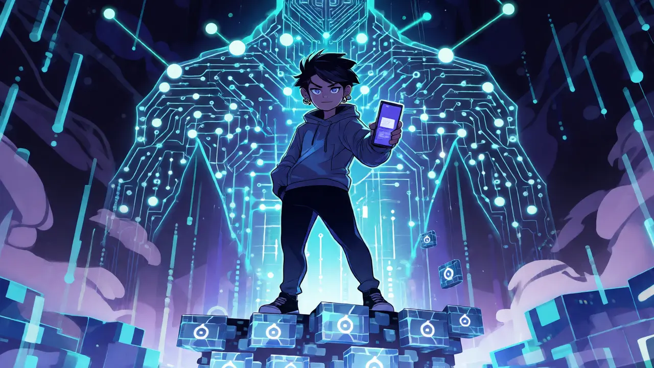 Anime character holding phone on blockchain platform with giant Matrix AI spirit behind.